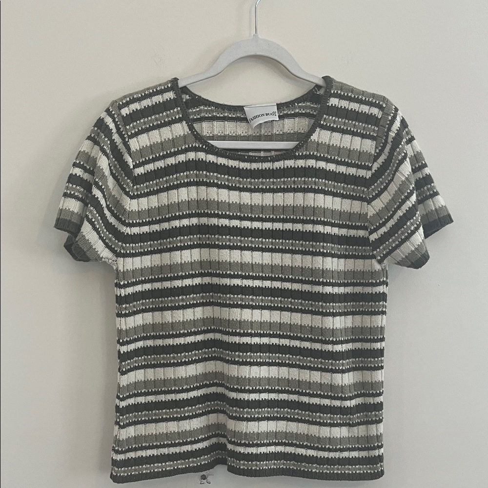 Vintage Fashion Bug Striped Short Sleeve Sweater Green Cream Y2K 90s Casual Fall
